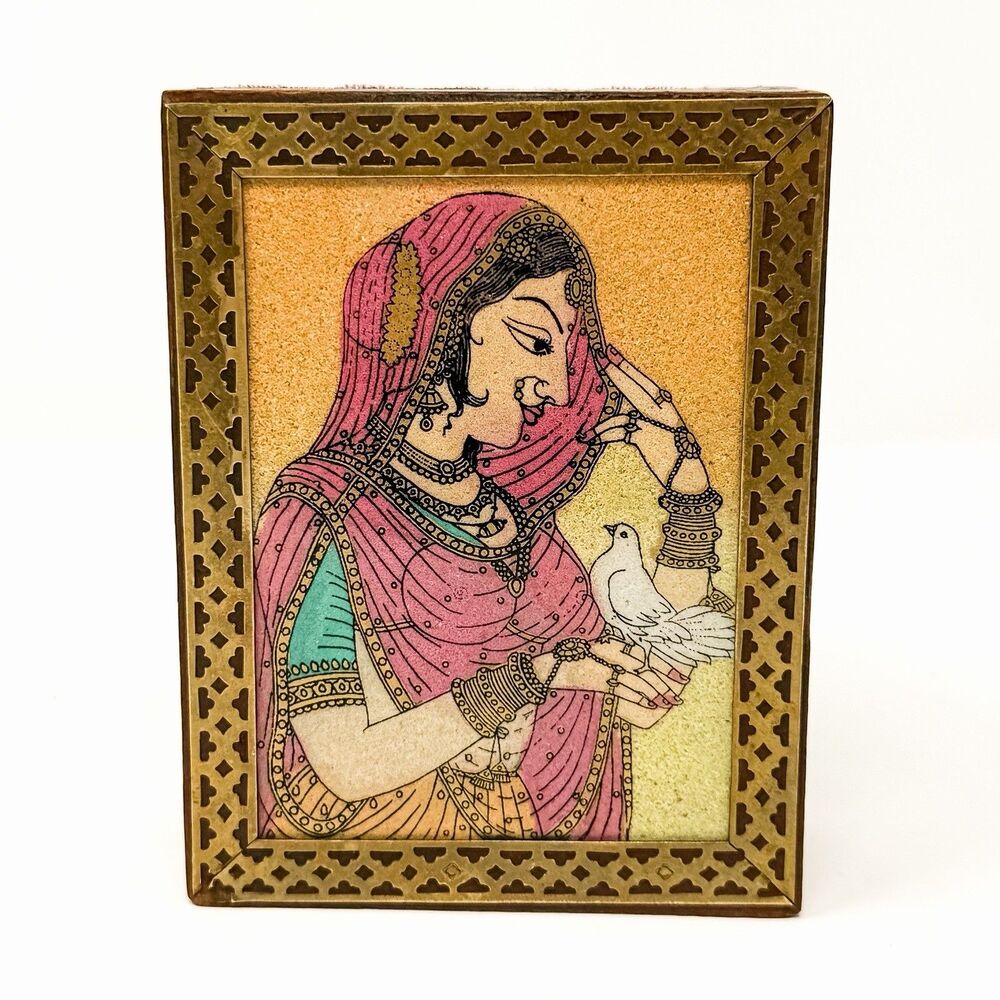 Vintage Indian Trinket Box Crushed Gemstone Art Woman Brass Wood Velvet Lined